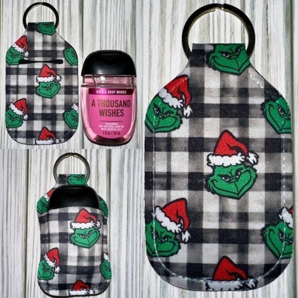 Grinch Santa hat plaid Christmas hand sanitizer holder new
